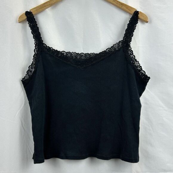 Unbranded Tops - Black Tank Top Cropped Lace Trim Ribbed Stretch Y2K *READ-NO TAGS